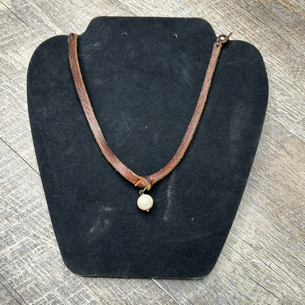 leather pearl dangle choker necklace handmade renaissance festival